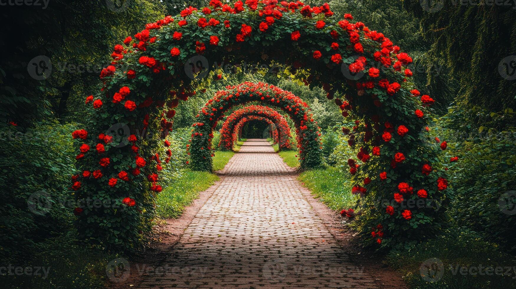 Roses form vibrant arches over a cobblestone path in a lush green park photo