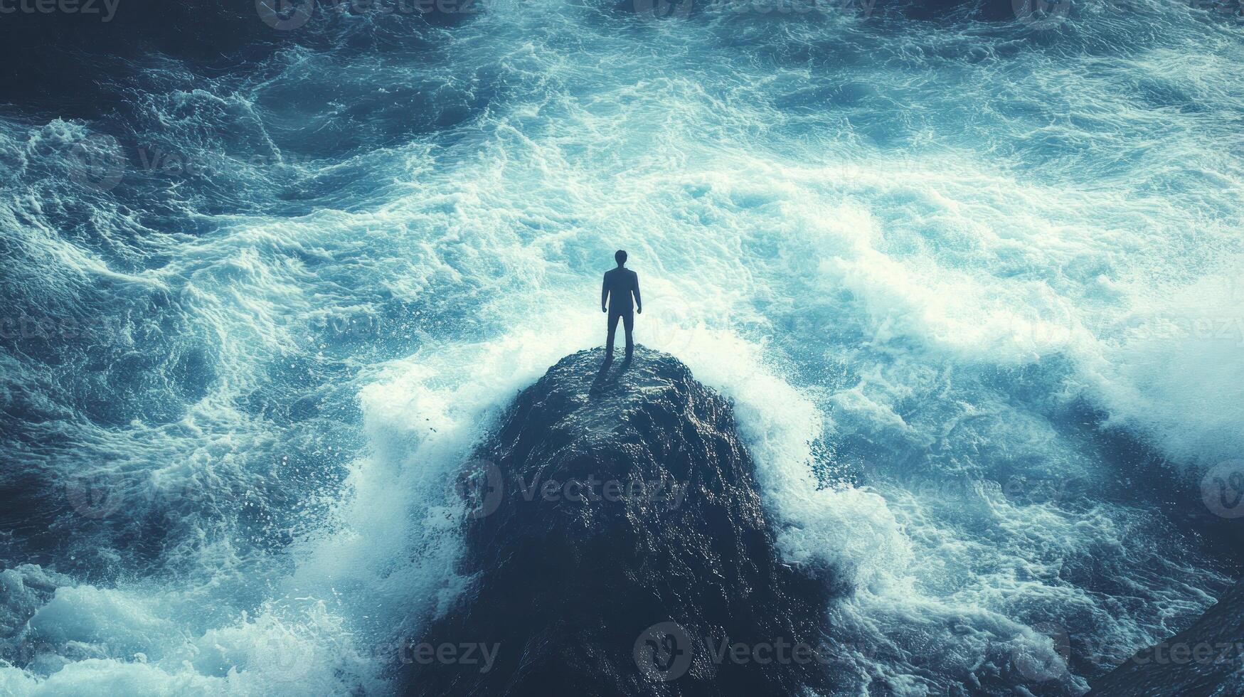 Individual stands on a rock as powerful waves crash around, creating a dramatic seaside view at dusk photo