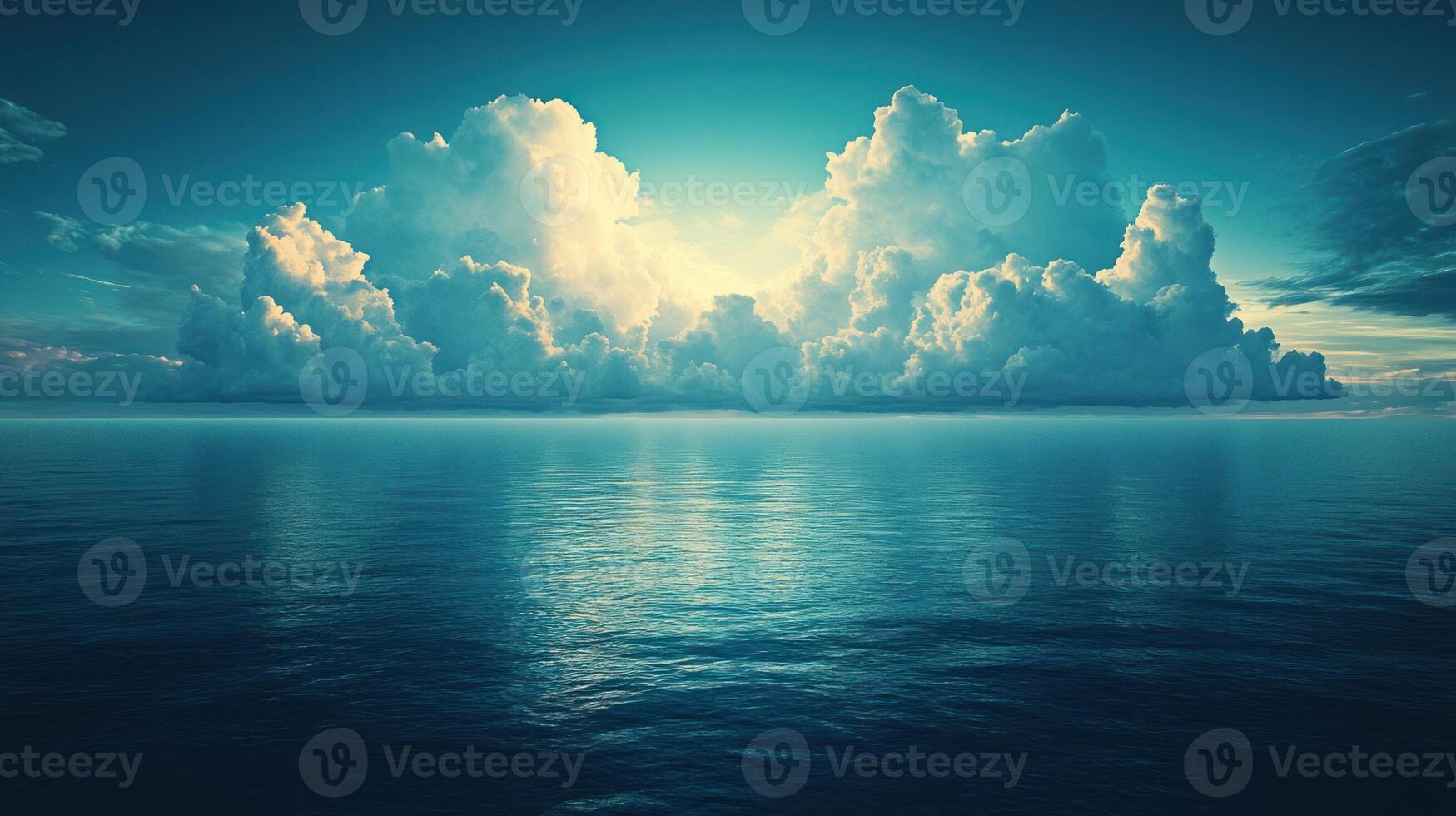 Thick clouds gather above tranquil ocean waters reflecting soft twilight hues photo