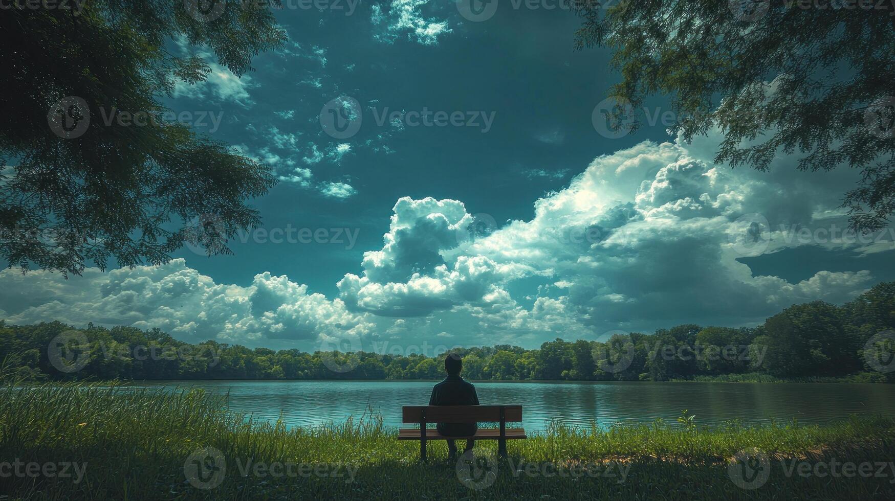 Individual enjoys peaceful moment on a bench by a calm lake surrounded by lush greenery and clouds photo