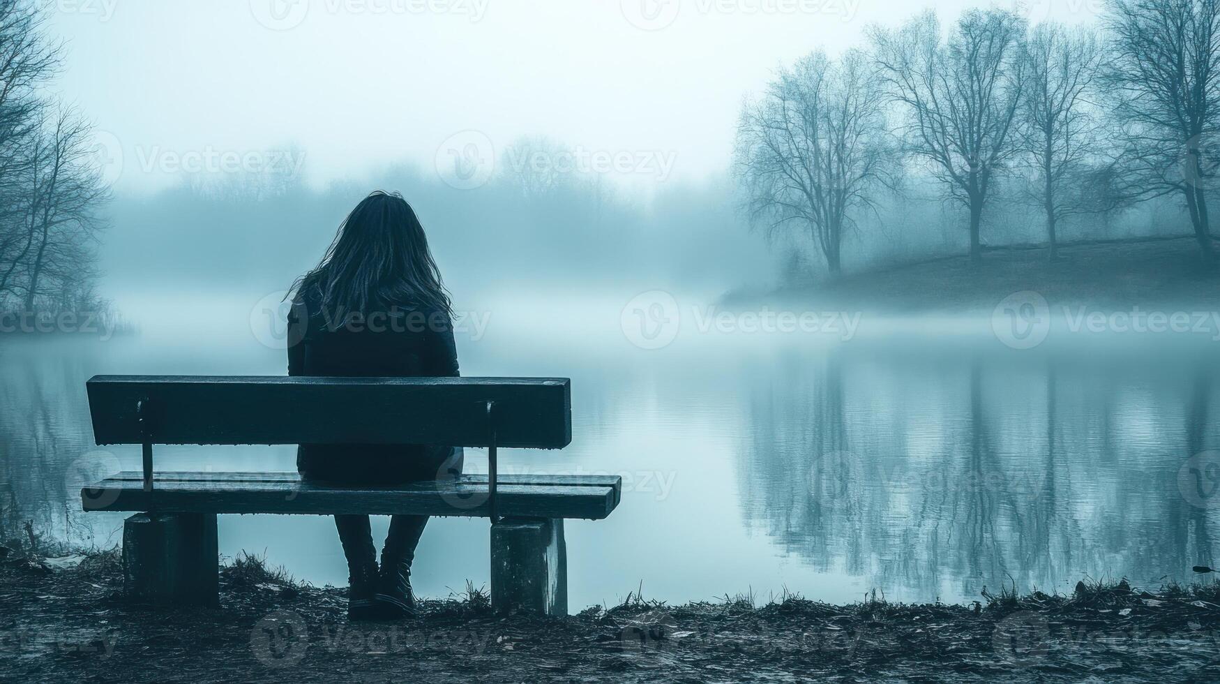 A woman calmly sits on a bench facing a misty lake, surrounded by tall trees in the stillness of dawn photo