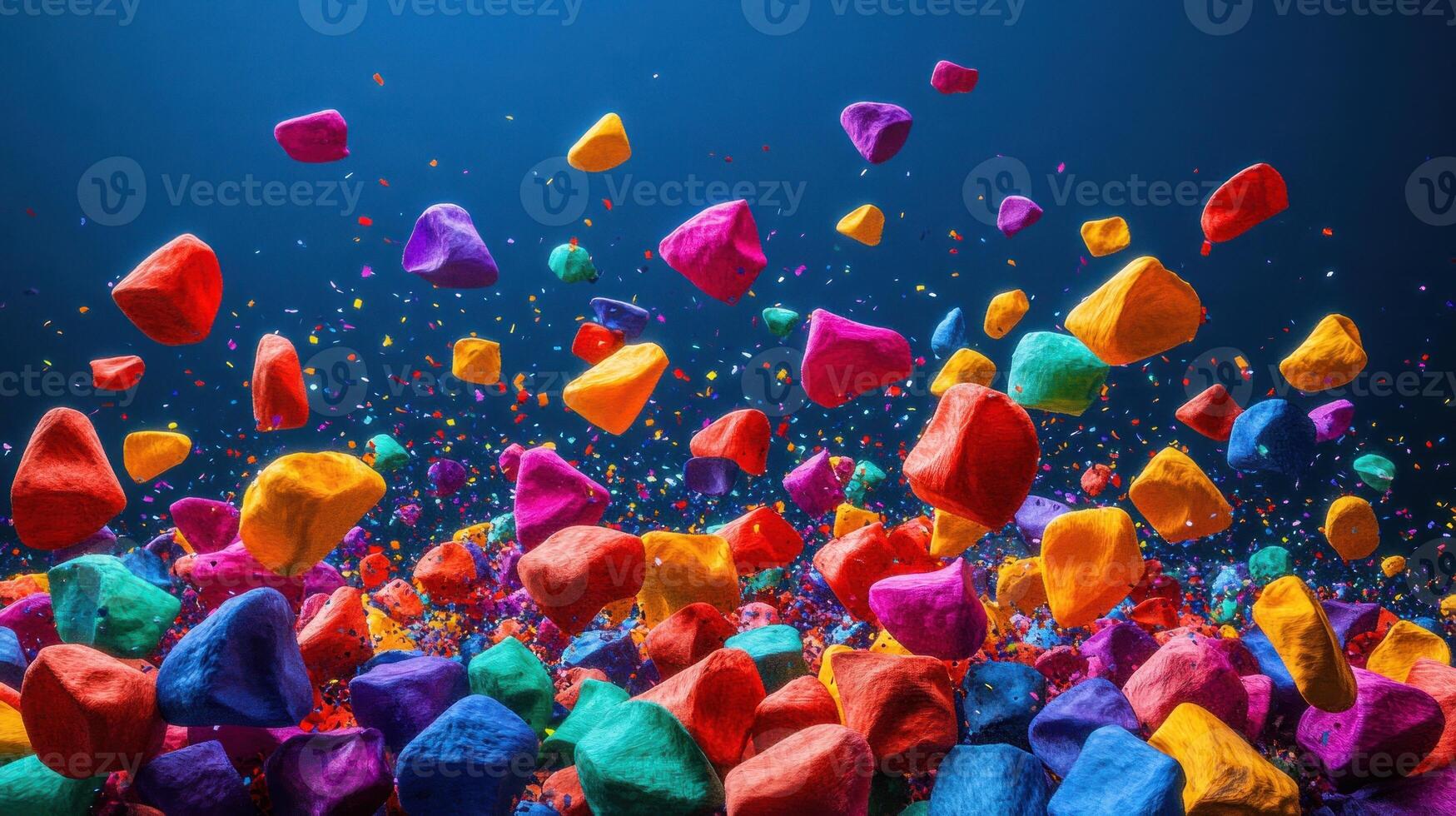Brightly colored rocks scatter through blue water, creating a playful and lively underwater atmosphere photo