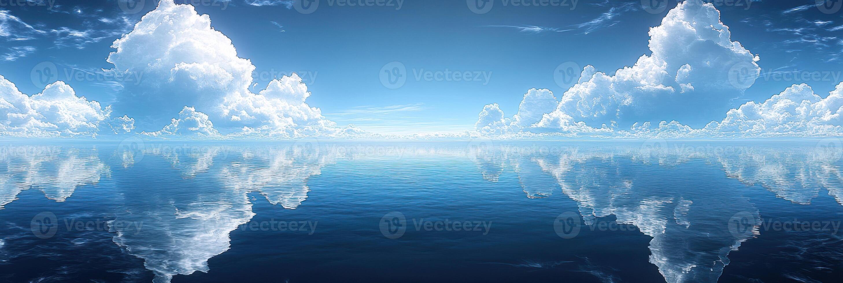 Tranquil ocean waters mirror fluffy clouds and a bright blue sky, creating a peaceful natural landscape photo