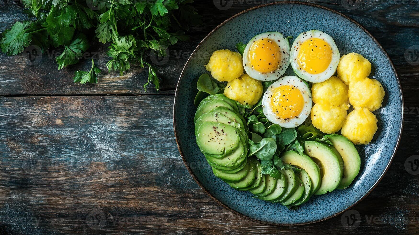 Brightly arranged brunch features sliced cucumber, avocado, and seasoned boiled eggs on a wooden table photo