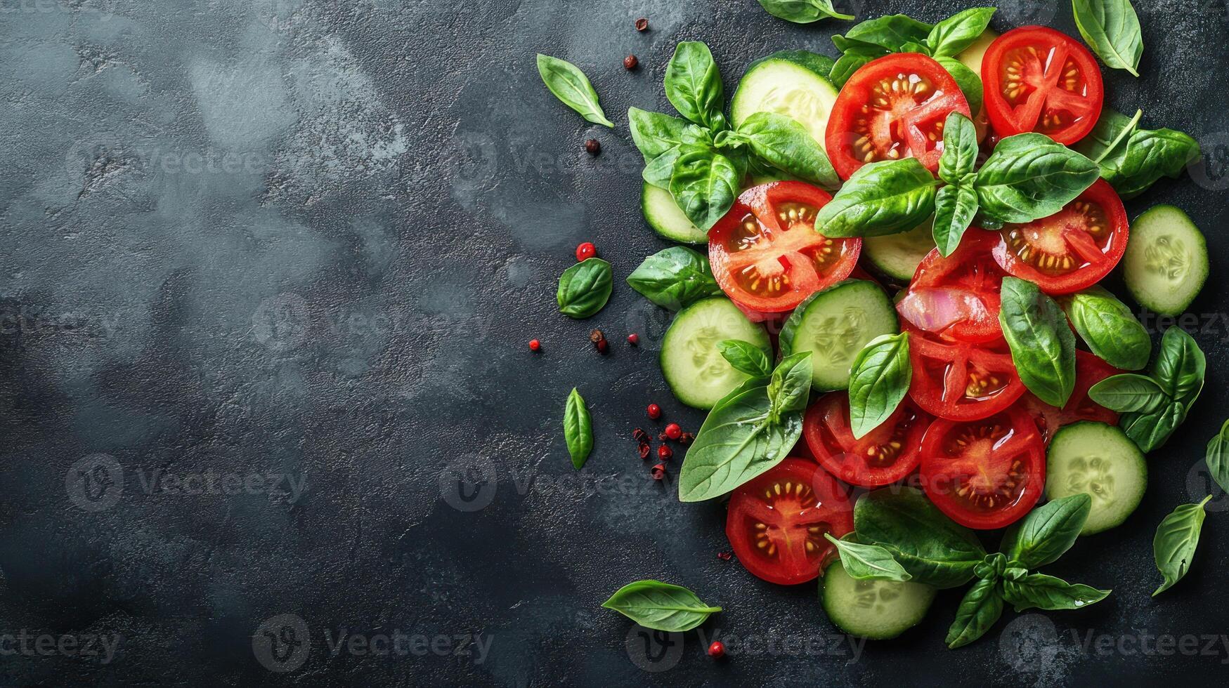 Sliced tomatoes, cucumbers, and fresh basil create a colorful and appetizing arrangement photo