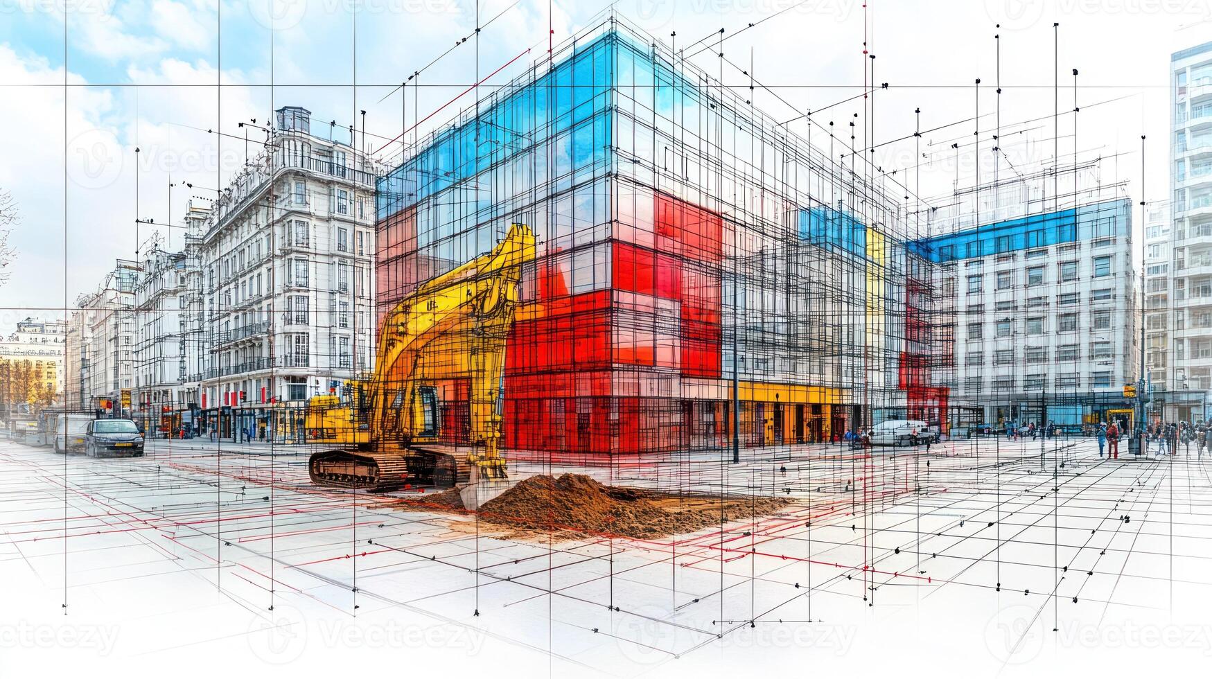 Heavy machinery digs into the ground at a construction site surrounded by colorful buildings in an urban area photo