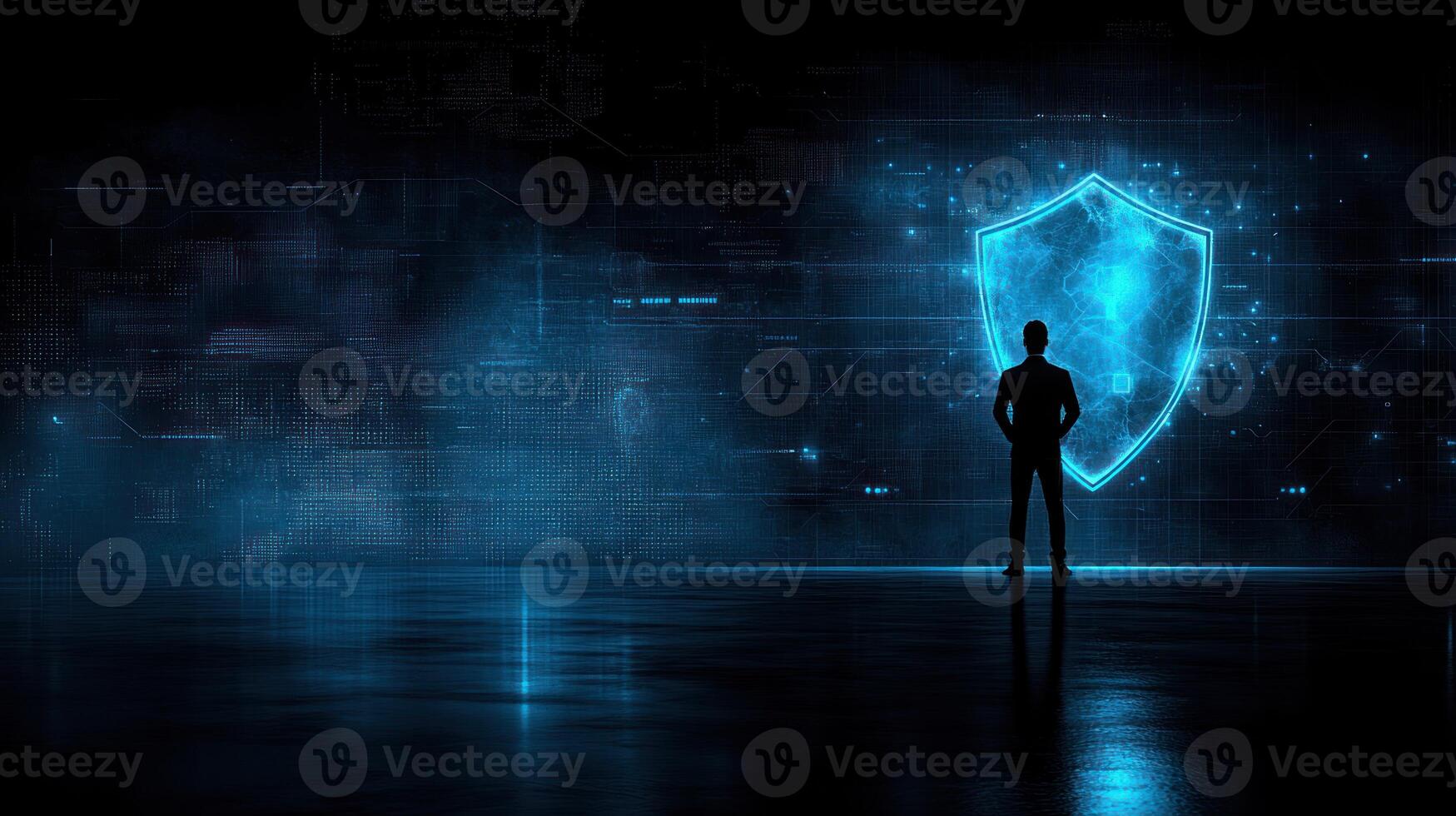 A person stands in shadow before a luminous shield, representing themes of digital security and protection photo