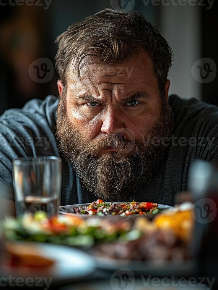 A man with a beard intently focuses on his meal while seated at a table, surrounded by various dishes photo
