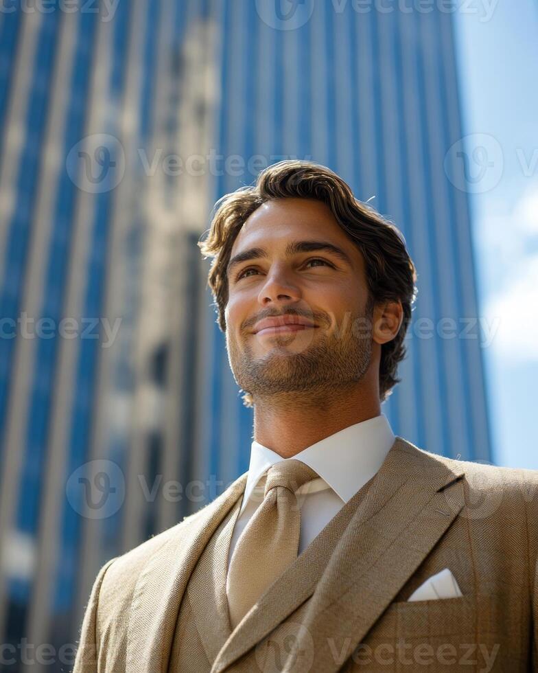 Businessman stands in an urban setting, smiling confidently while dressed in a stylish suit photo