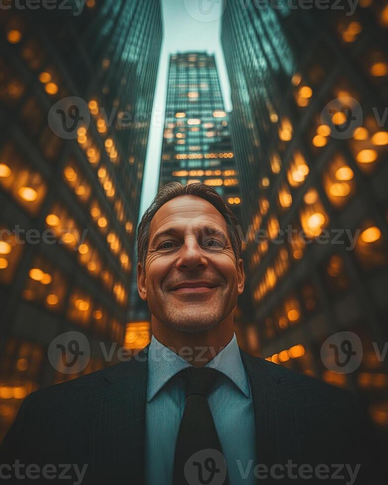 Smiling man poses in city center as evening lights illuminate tall buildings around him photo