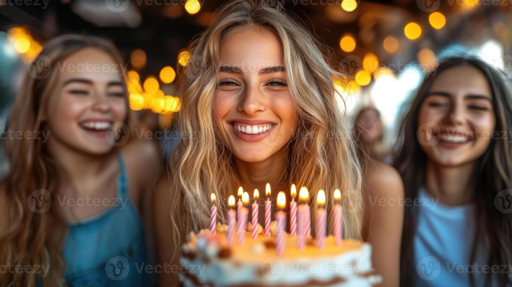 Three friends joyfully celebrate a birthday, surrounded by soft lights and a decorated cake with candles photo