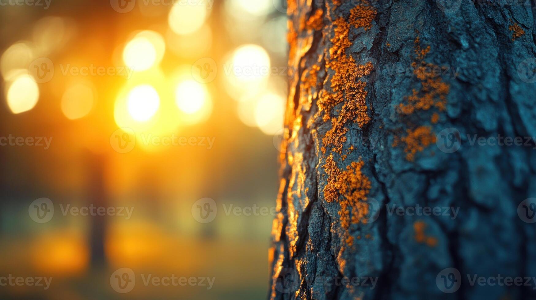 Golden sunlight illuminates tree bark adorned with vivid lichen in a serene forest during sunset photo