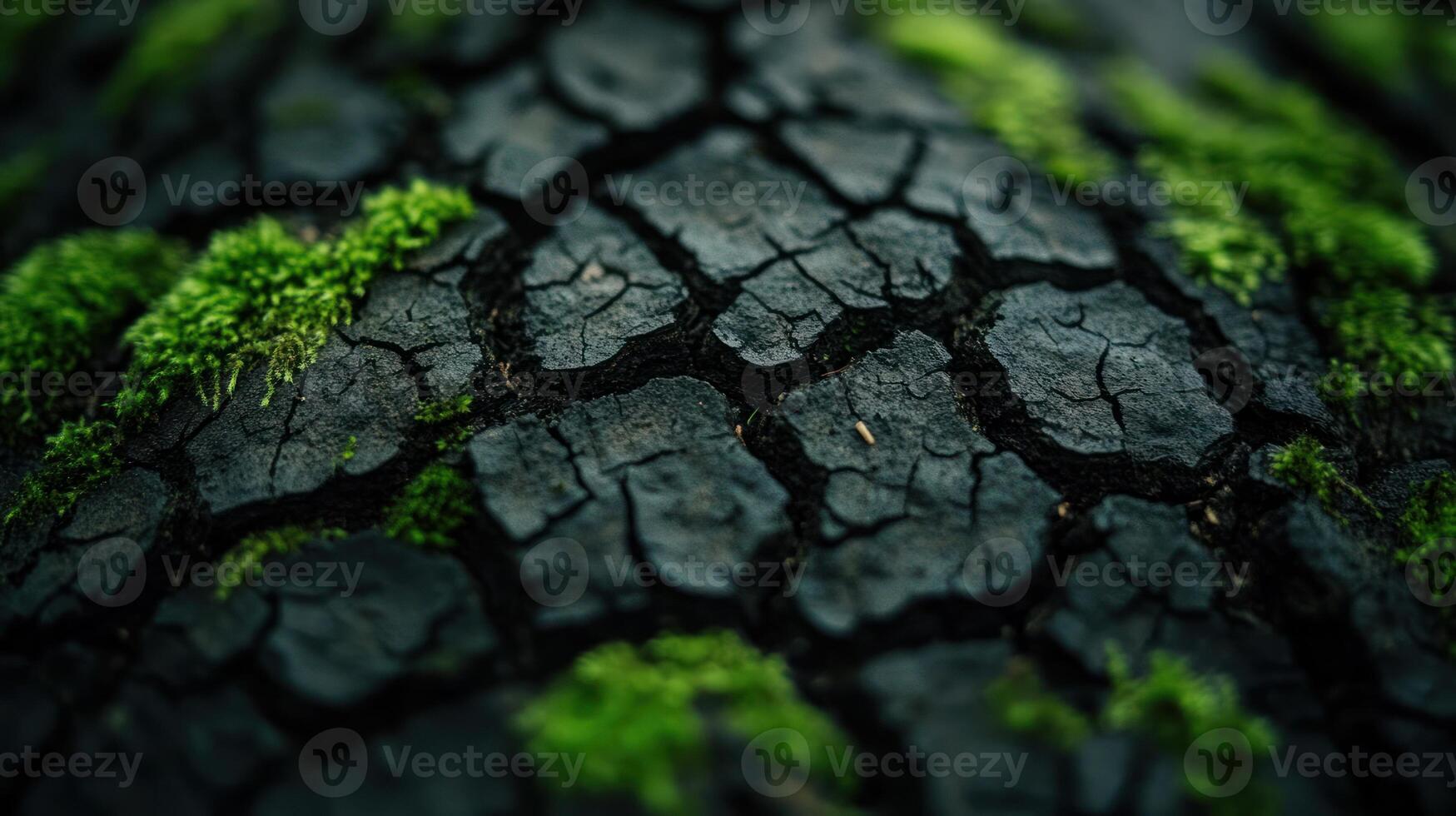 Detailed texture of tree bark shows deep cracks and bright green moss flourishing in a forest area photo