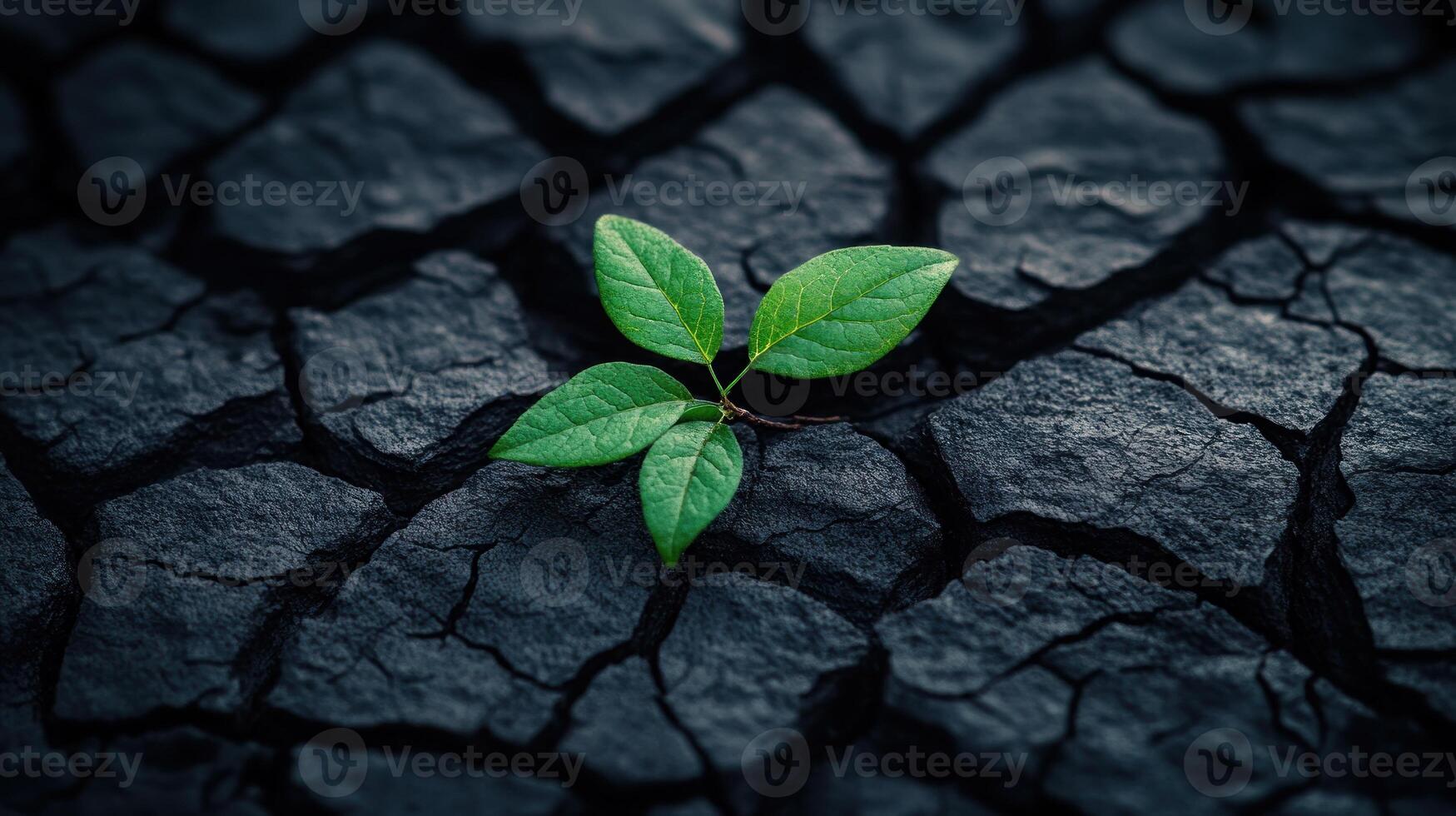 A small plant with vibrant green leaves grows from parched, cracked soil, symbolizing strength and hope photo