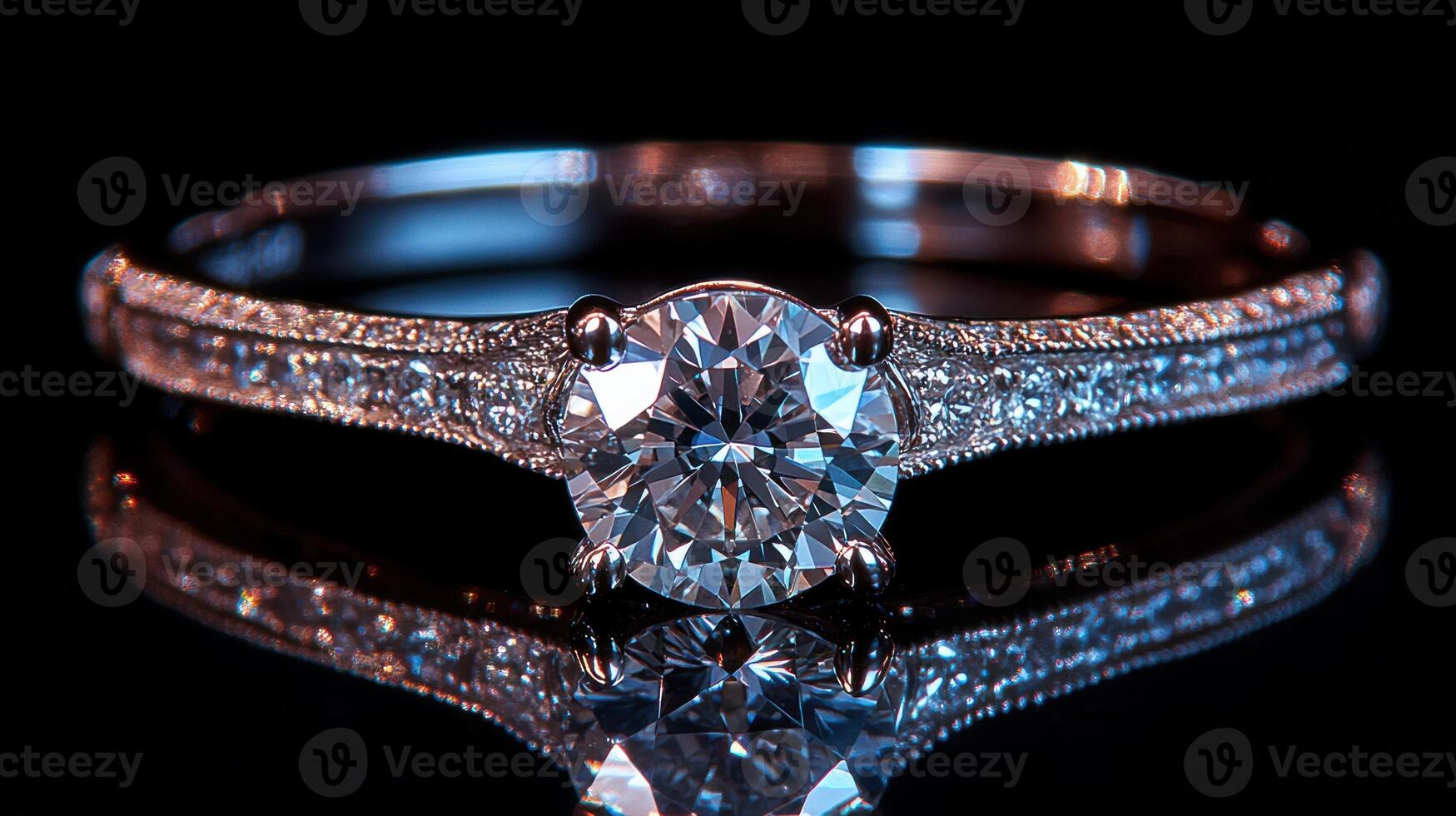 The shiny diamond ring sits gracefully on a reflective surface, emphasizing its sparkle in low light photo