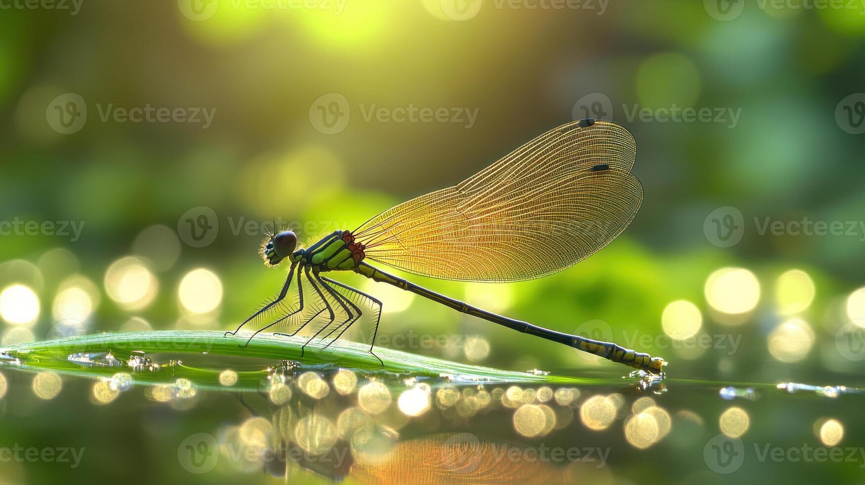 A dragonfly rests on a green leaf surrounded by soft sunlight and blurred sparkling water droplets photo