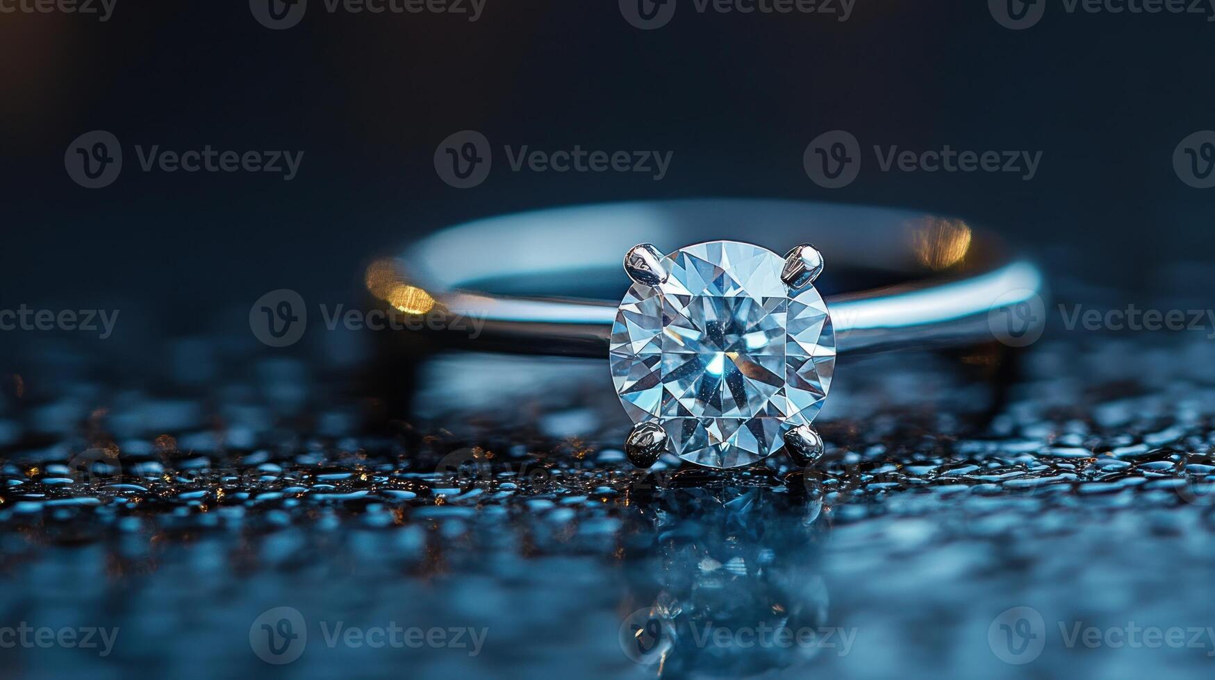 A stunning diamond ring with a glimmering stone sits on a textured surface, reflecting soft light photo