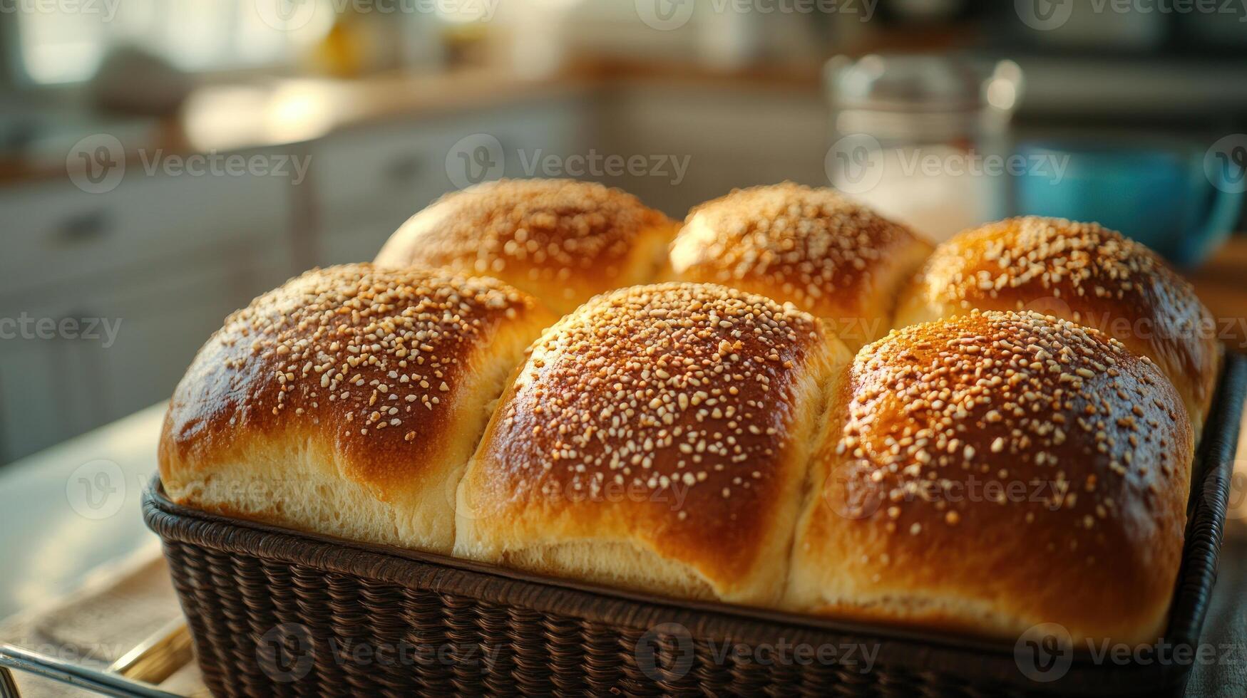 Soft sesame rolls rest in a basket, cooling in a cozy kitchen filled with warm sunlight photo