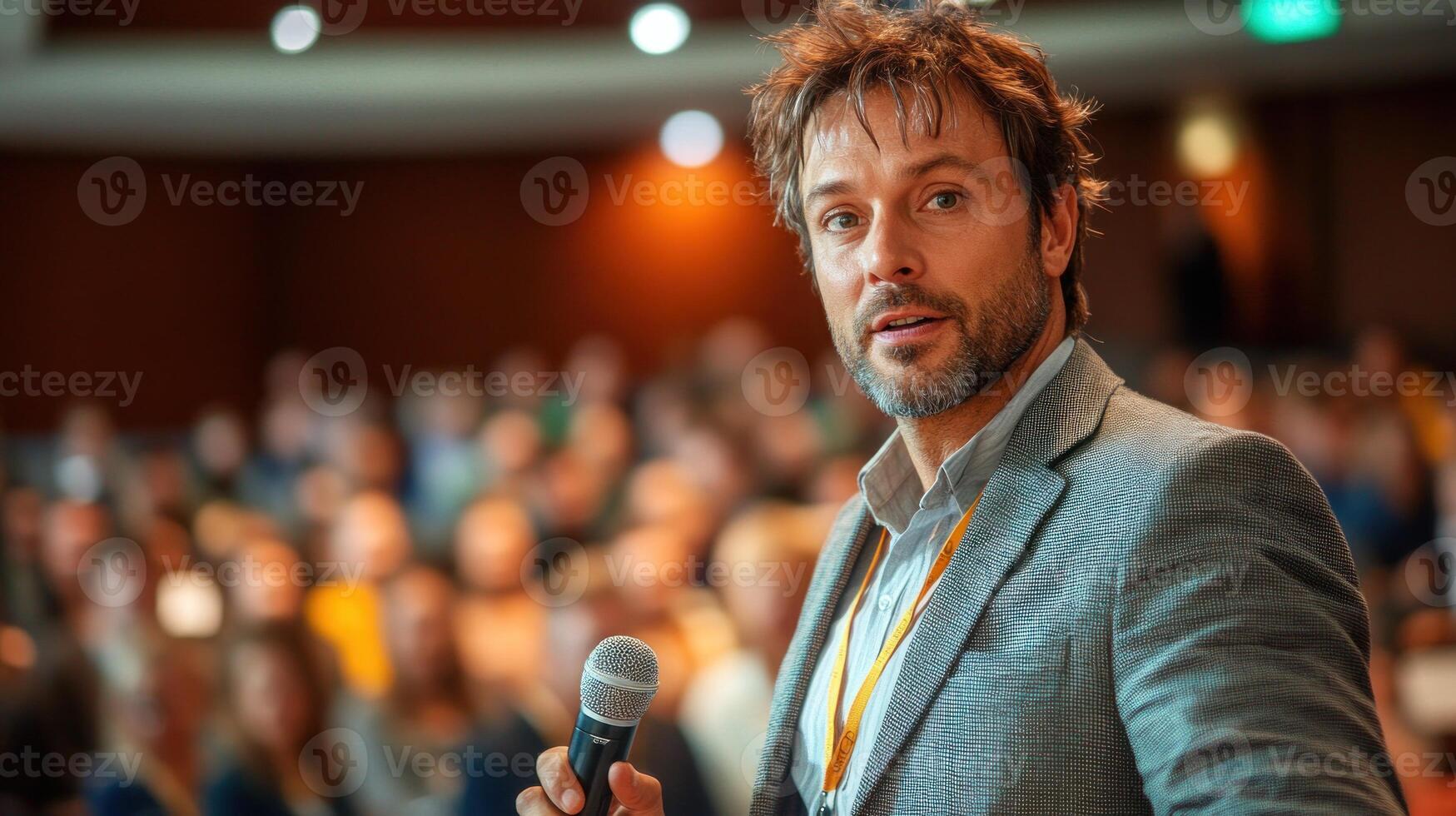 A speaker captivates a focused audience with insightful discussion in a conference hall setting photo