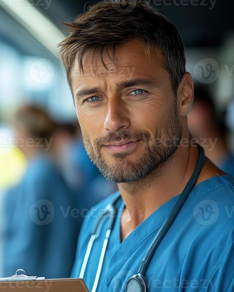 A healthcare professional with a stethoscope presents a friendly demeanor in a hospital environment photo