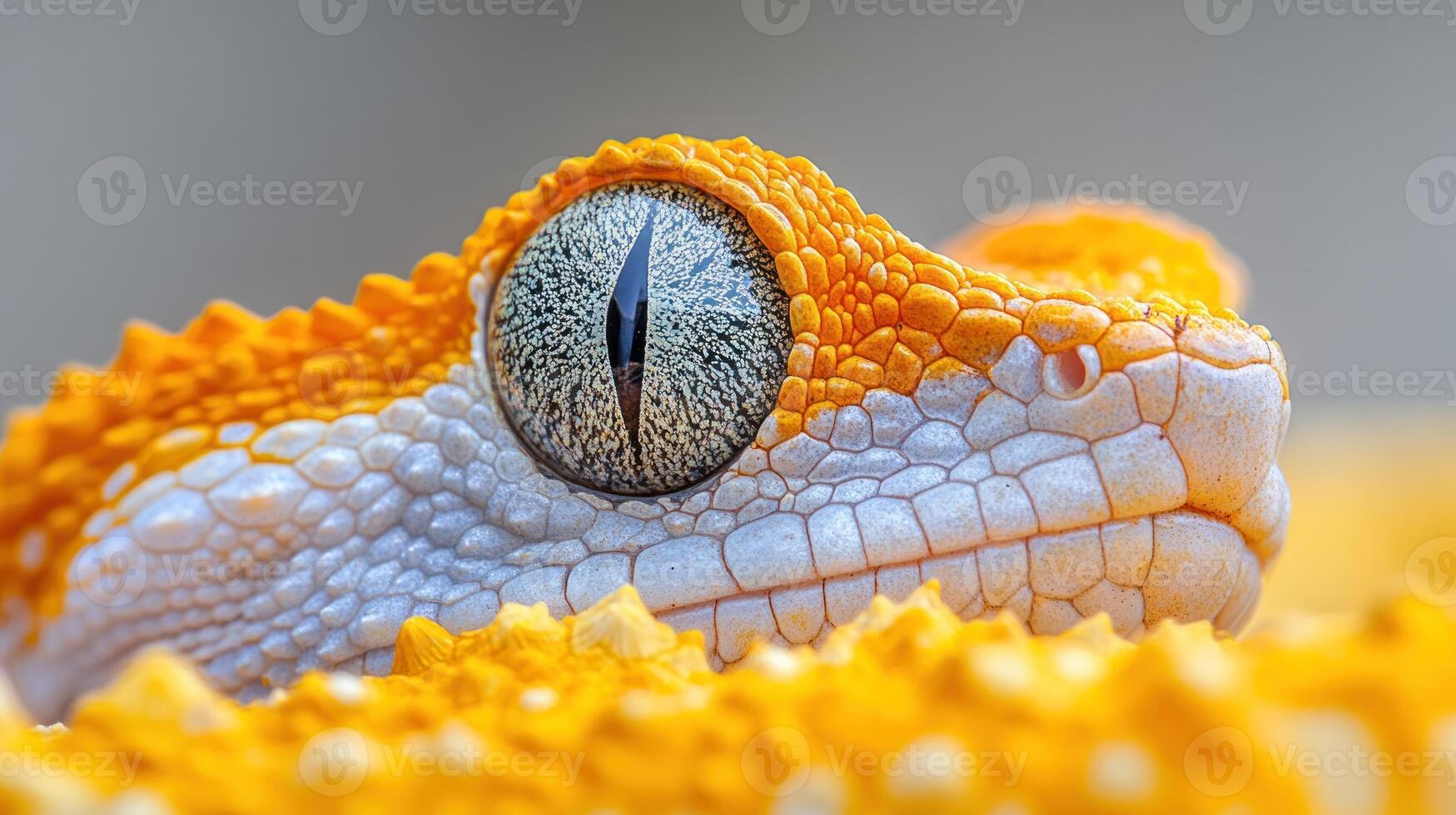 A vibrant orange and white gecko rests on a textured surface showcasing its detailed eye photo