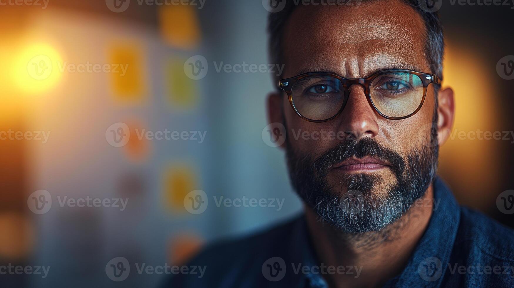 A man with a beard and glasses gazes intently in a softly lit minimalist space photo