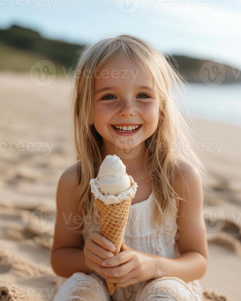 A joyful child holds a cone of ice cream while seated on the sandy beach during a warm afternoon photo