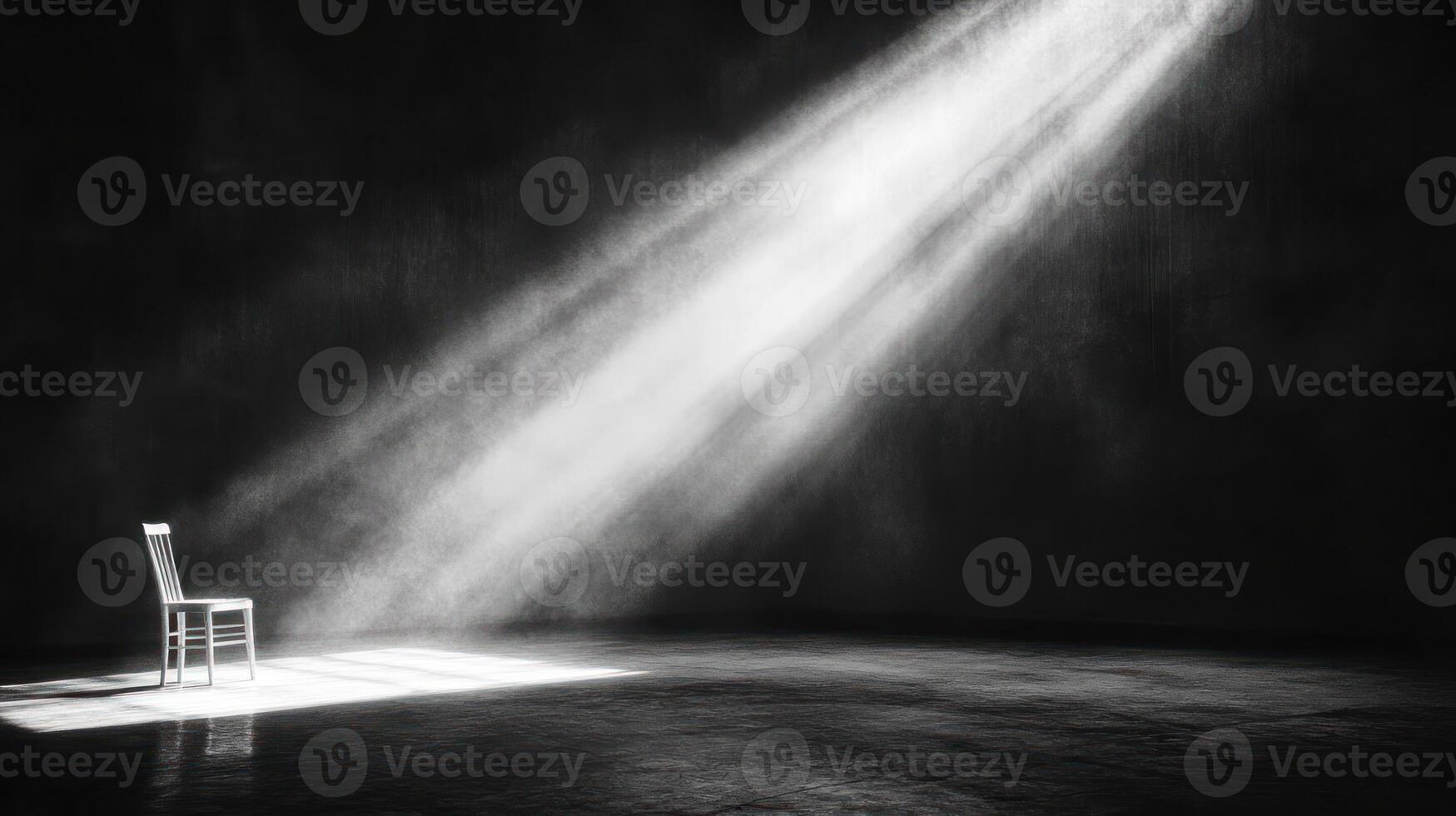 A solitary chair sits in a dark room with beams of light piercing through the shadows photo
