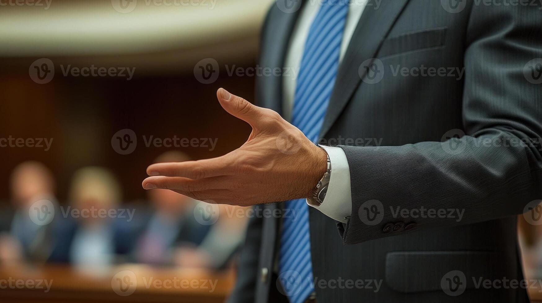 A business professional makes a gesture while speaking in an office meeting with colleagues in attendance photo
