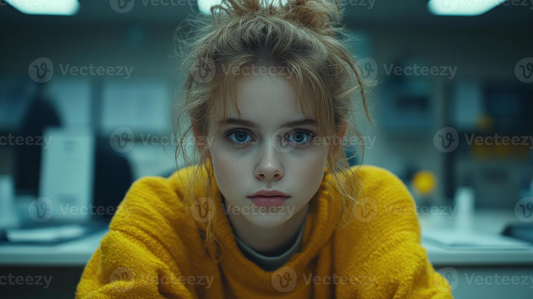 A young woman with striking features is focused while sitting at a desk in a bright office photo