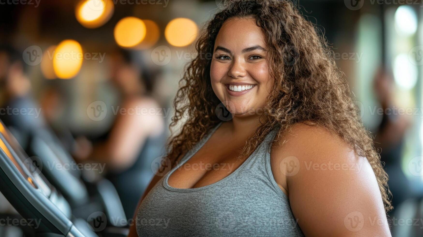 Confident woman with curly hair enjoys a workout environment in a fitness facility while smiling photo