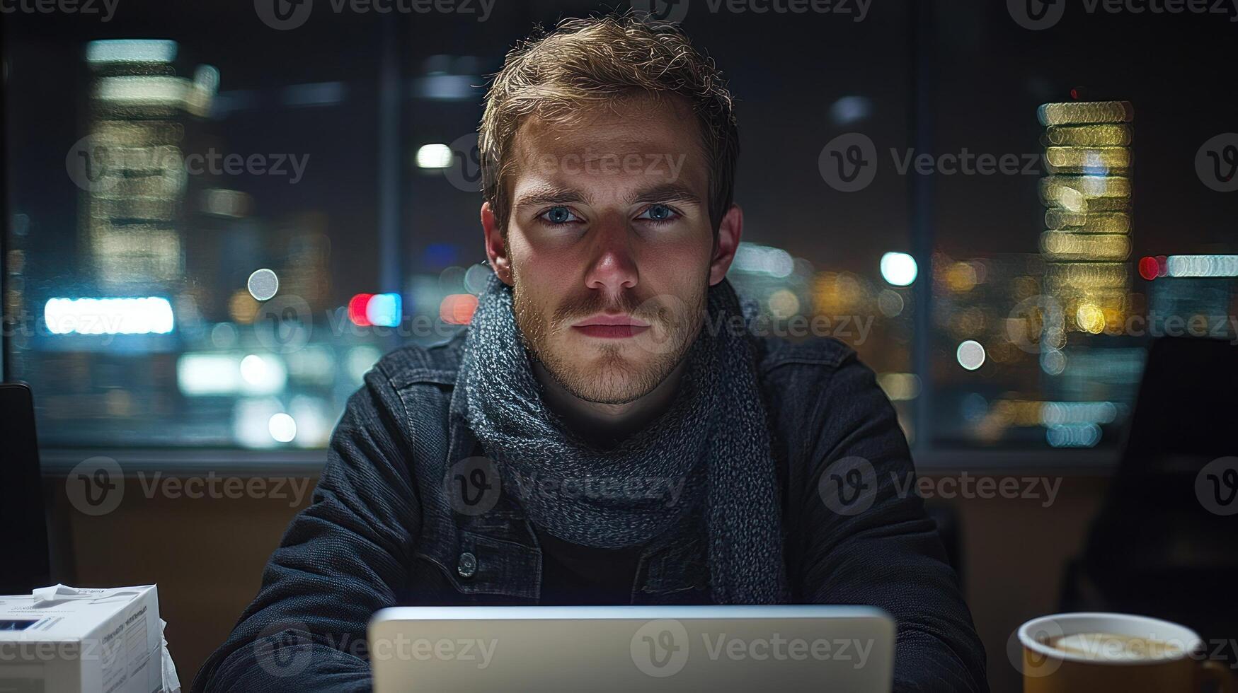 Young man with a serious expression works on a laptop in an urban office at night with city lights visible photo