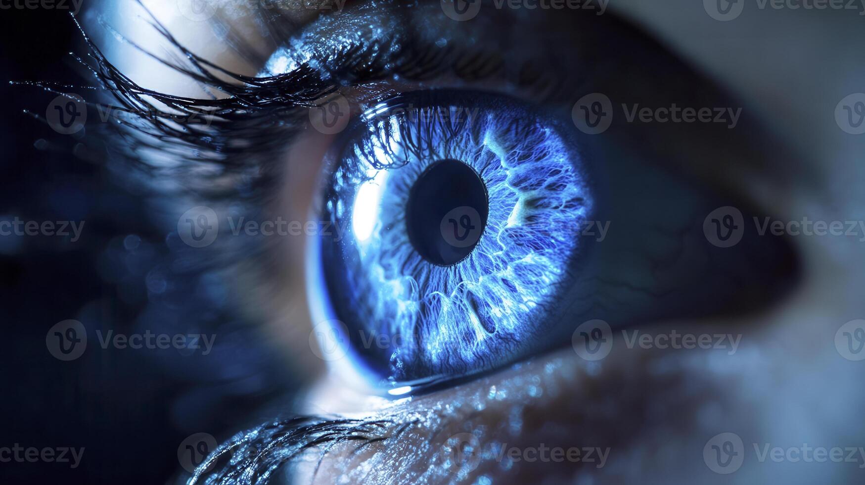 Close-up of a vivid blue eye with intricate patterns illuminated by soft lighting, highlighting the beauty and complexity of human sight photo