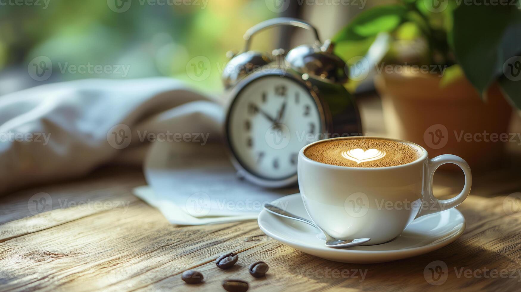 Morning coffee with heart art beside an antique clock and potted plant in a cozy kitchen setting photo