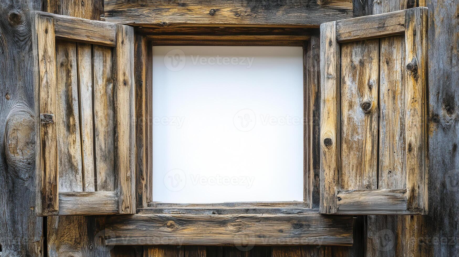 Rustic wooden window with open shutters revealing a blank wall in a charming country setting during daylight photo