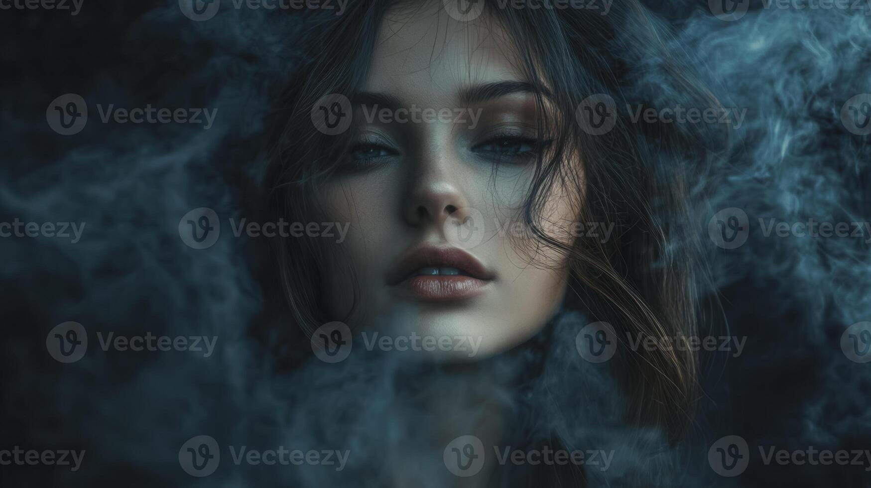 A young woman emerges from swirling smoke, creating a mystical ambiance in a darkened setting photo