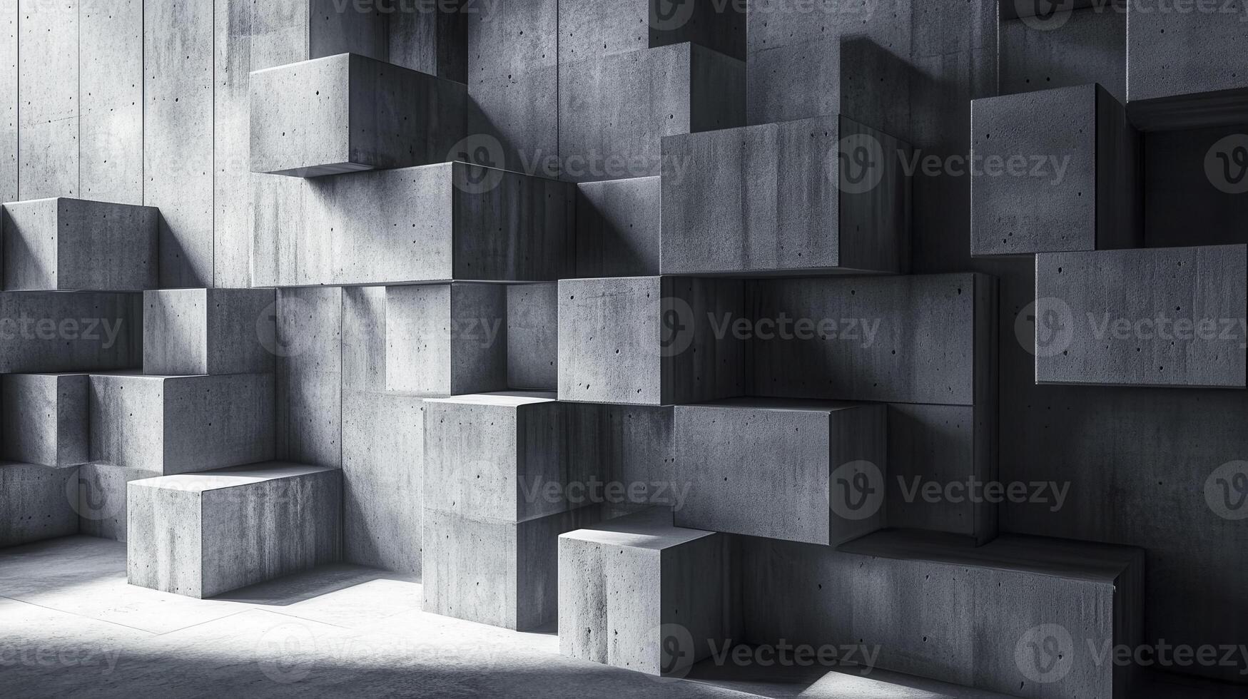 Concrete wall with geometric block formations in an industrial setting, showcasing shadows and light play during daylight hours photo