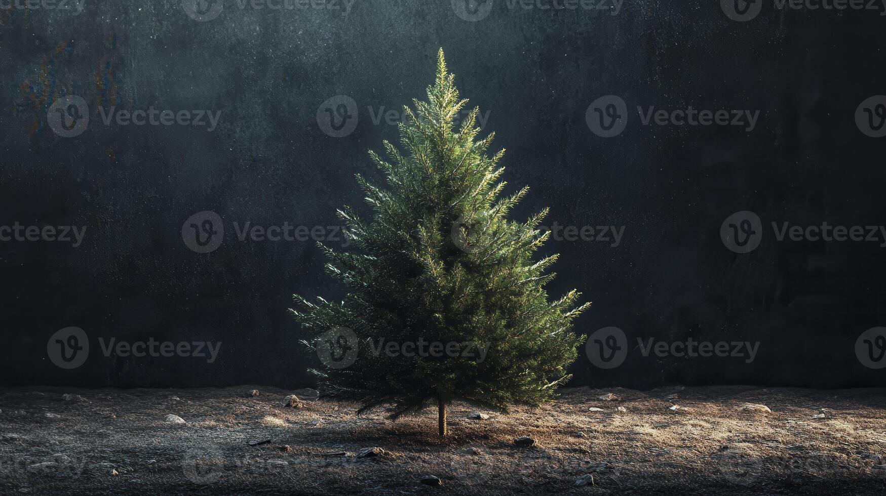 A solitary evergreen tree illuminated against a dark textured background in a serene indoor setting during winter photo