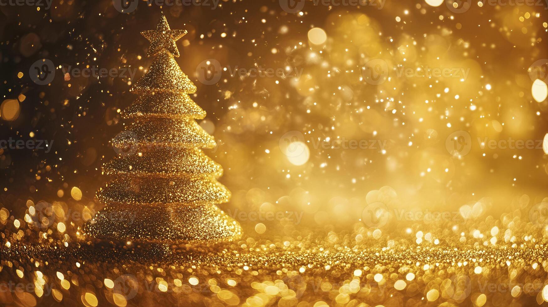 A sparkling golden Christmas tree with dazzling lights during the festive season against a shimmering background photo