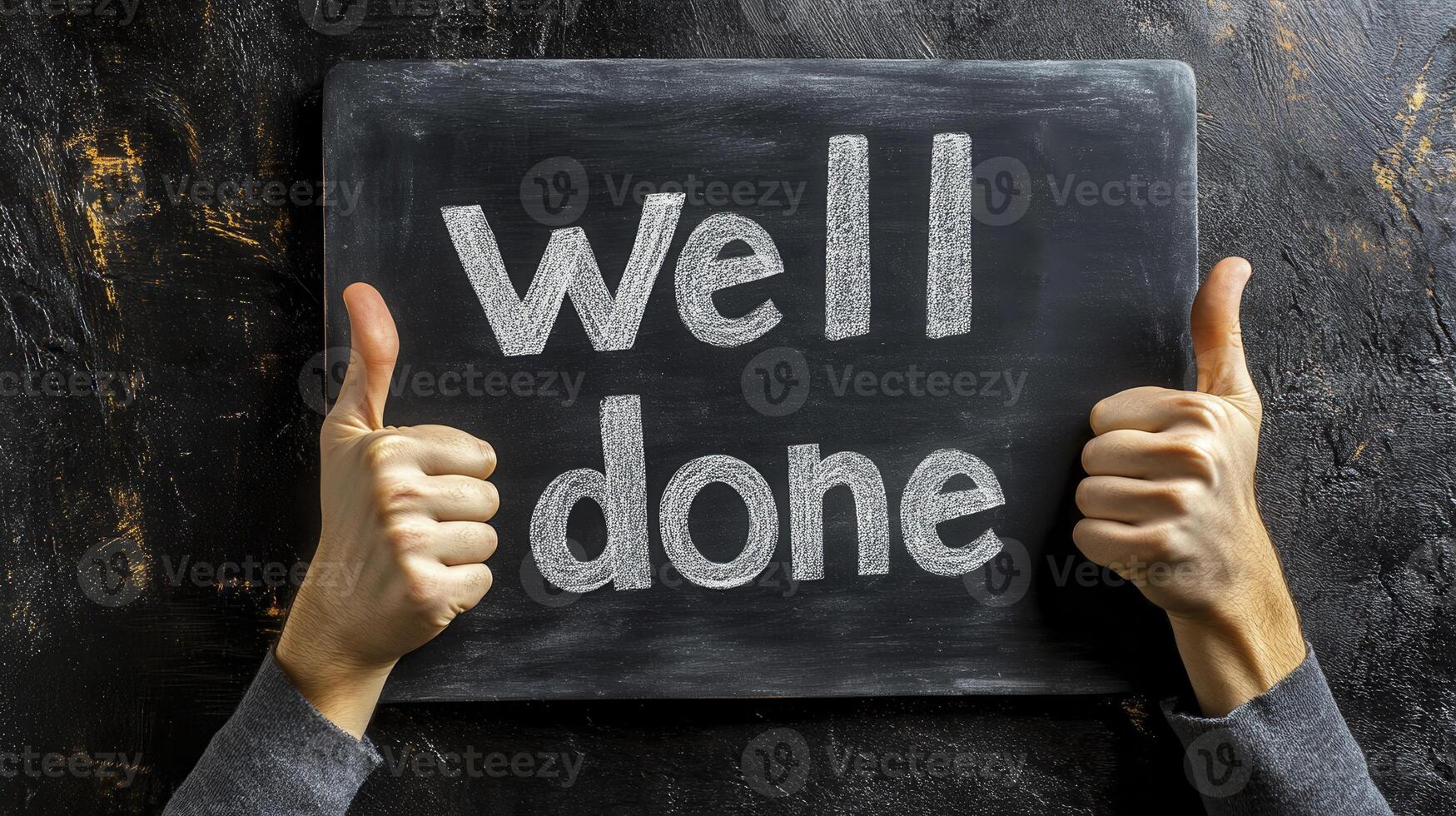 Celebratory gesture with chalkboard showing the phrase well done, emphasizing achievement and recognition for hard work photo