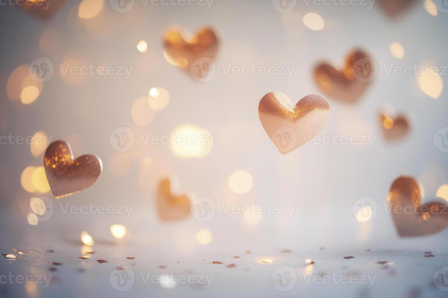 Floating golden hearts create a romantic ambiance with soft lighting in a dreamy setting for celebrations and love stories photo