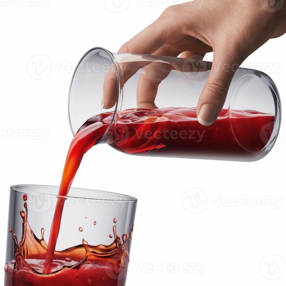 Two glasses are filled with red juice, split evenly on a plain white backdrop photo