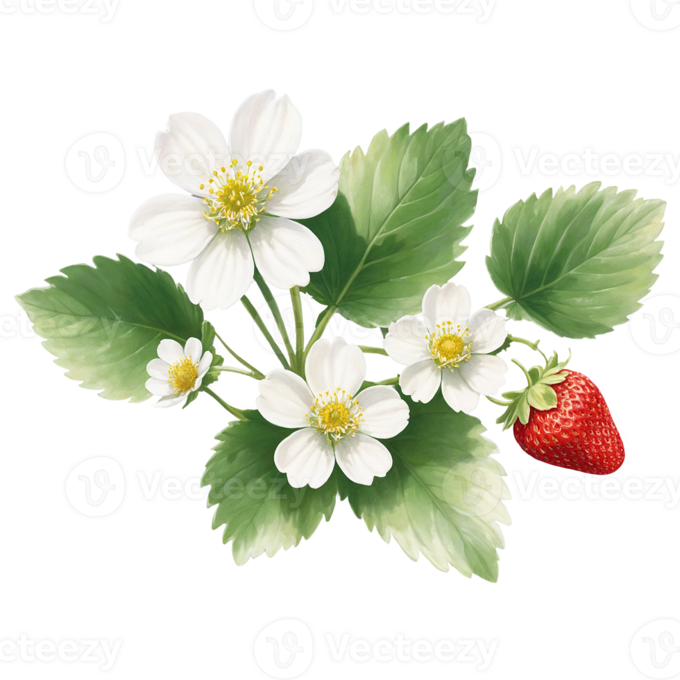 strawberry flower and leave, with strawberry scattered on the branch png