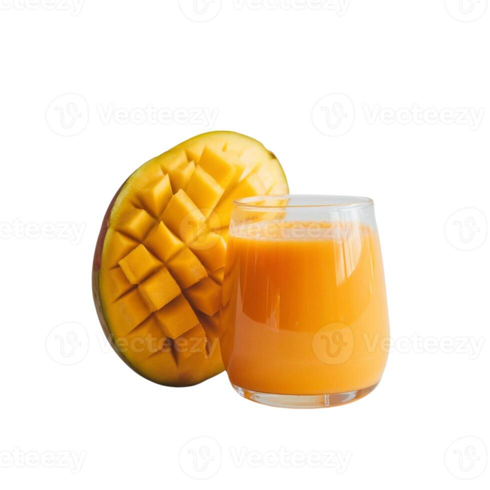 Image of a glass of fruit juice accompanied by a slice of mango on a plain white backdrop. photo
