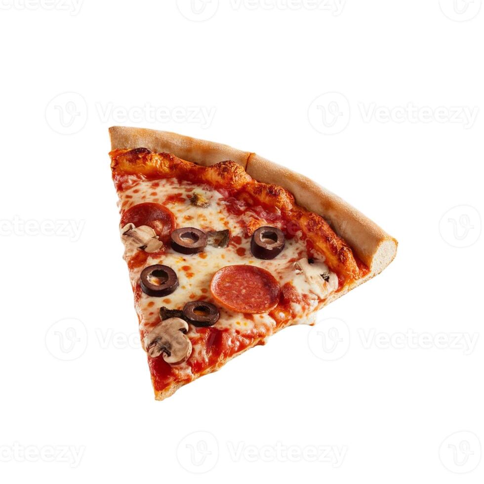 A mouthwatering pizza slice displayed on a clean white surface. photo