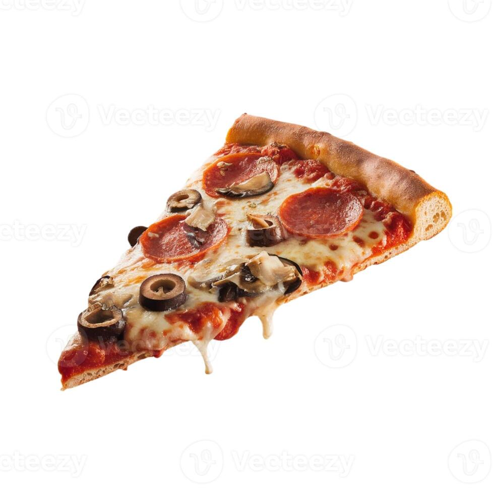 A savory slice of pizza placed against a pure white backg photo