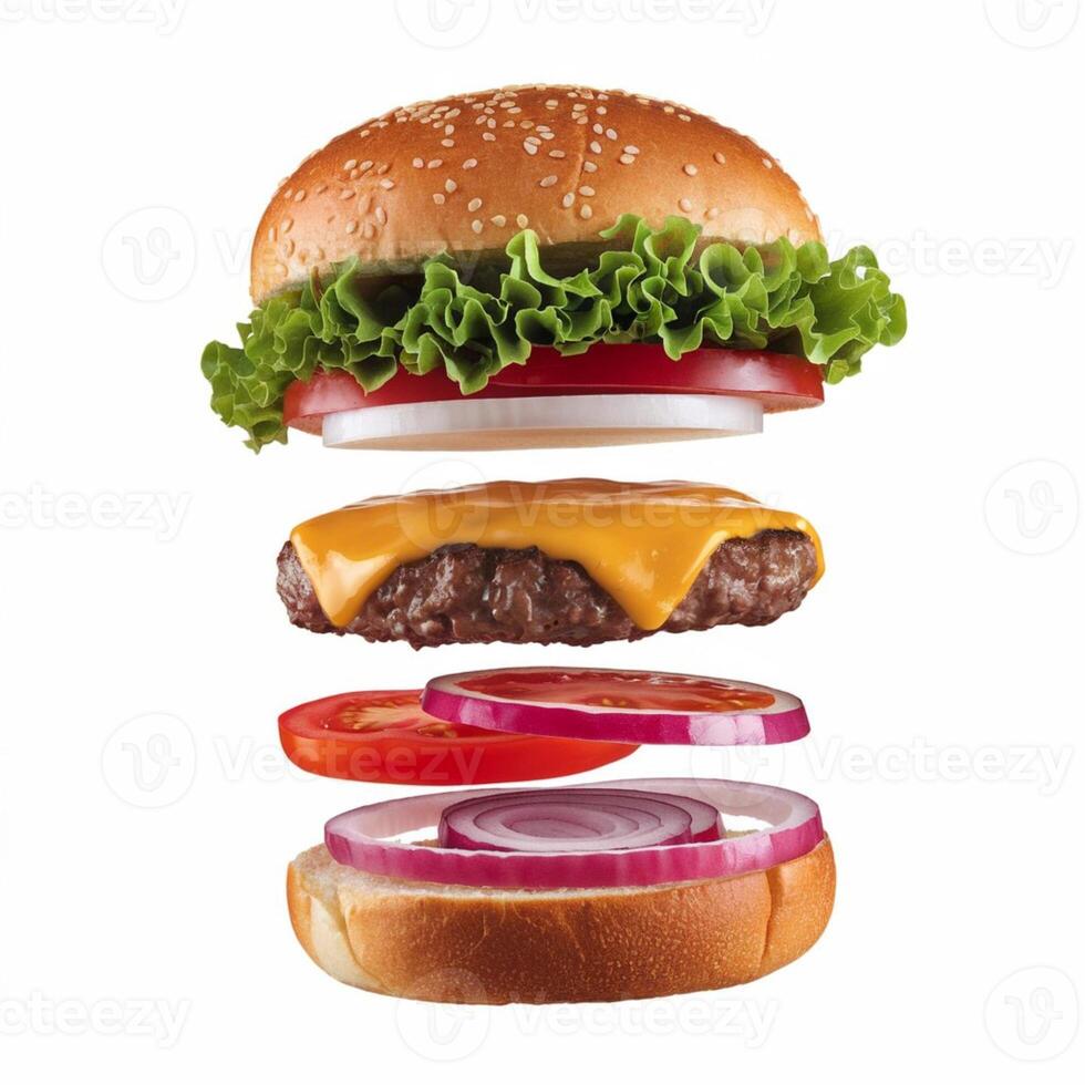 A visually rendered hamburger in 3D format, isolated on a clean white background photo