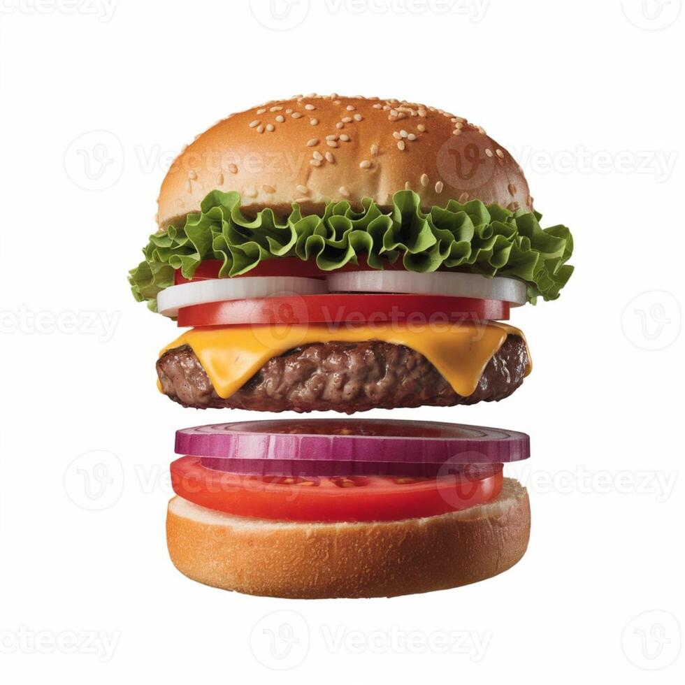 A standalone hamburger on a plain white background, created using 3D rendering photo