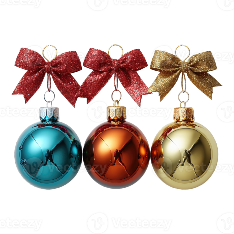 Three Christmas ornaments hanging from a string, each with a different color png