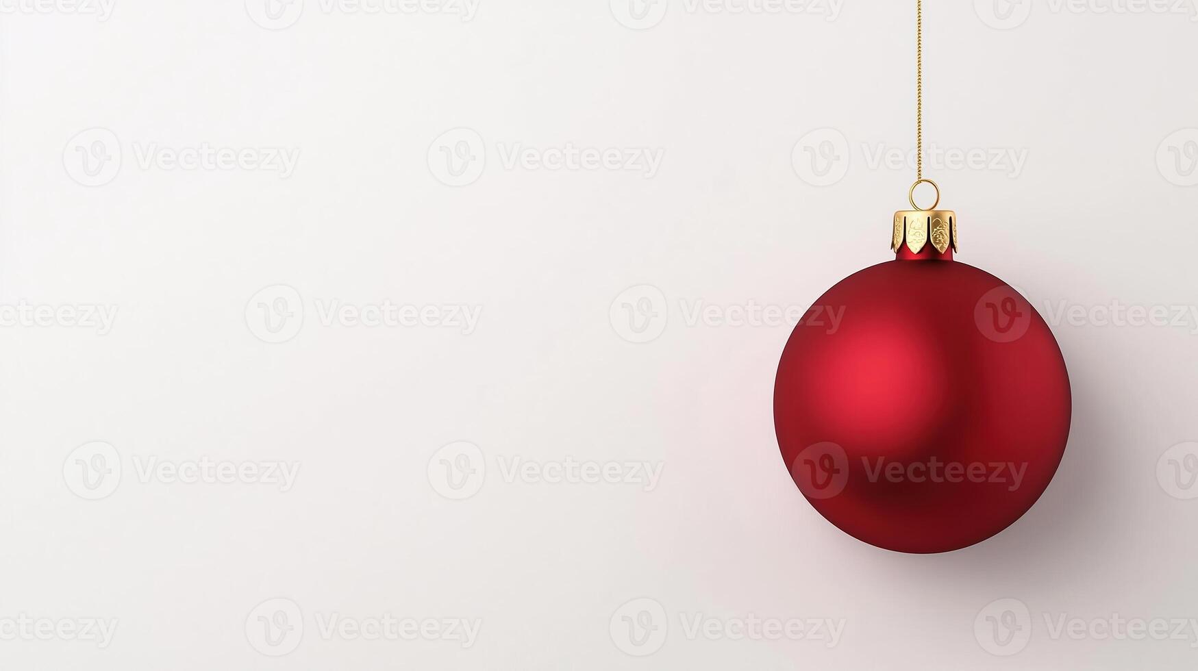 Glossy 3D Red Christmas Ornament Ball Hanging on Plain White Background with Elegant Holiday Decor photo